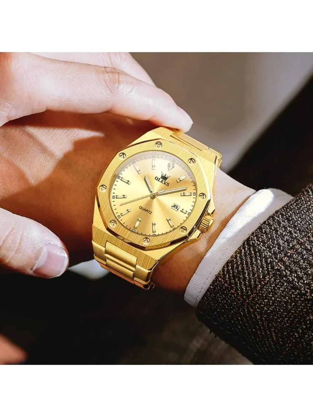 Men's Gold Luxury Stainless Steel Octagon Classic Analog Quartz Waterproof Watch
